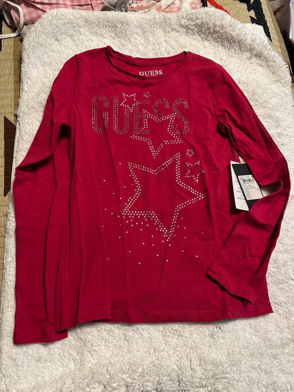 GUESS Hot Pink Rhinestone Star Long Sleeve Tee
